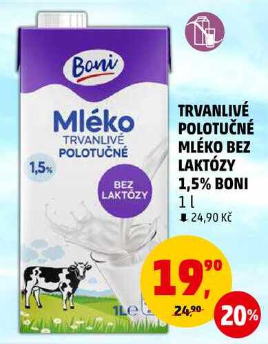 TRVANLIVÉ POLOTUČNÉ MLÉKO BEZ LAKTÓZY 1,5% BONI, 1 l