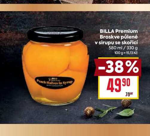 BILLA Premium Broskve půlené v sirupu se skořicí 580 ml / 330 g 