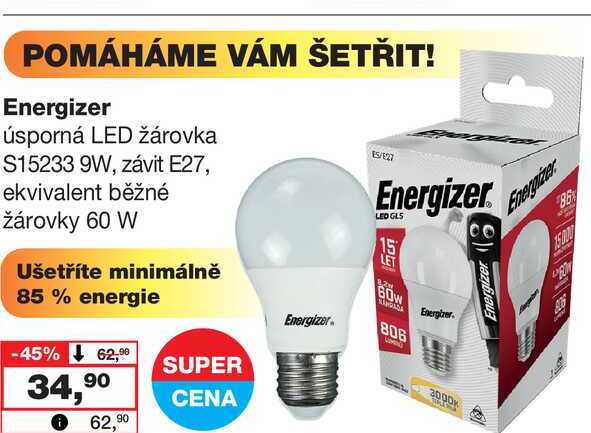 Energizer úsporná LED žárovka S15233 9W, závit E27, ekvivalent běžné žárovky 60 W