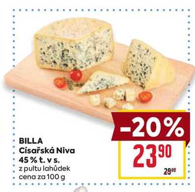 BILLA Císařská Niva 45% t. vs. z pultu lahůdek cena za 100g 