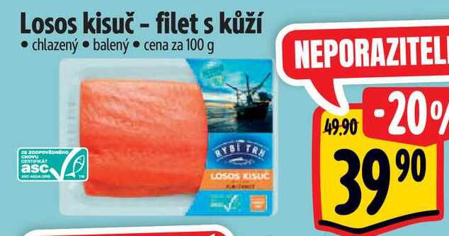 Losos kisuč - filet s kůží, cena za 100 g