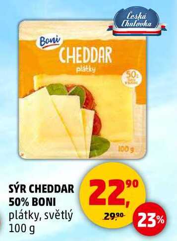 SÝR CHEDDAR 50% BONI plátky, světlý, 100 g