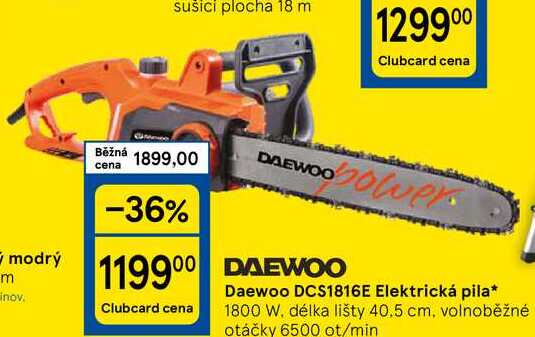 Daewoo DCS1816E Elektrická pila, 1800 W. délka lišty 40,5 cm, volnoběžné otáčky 6500 ot/min 