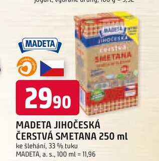 MADETA JIHOČESKÁ ČERSTVÁ SMETANA 250 ml ke šlehání, 33% tuku