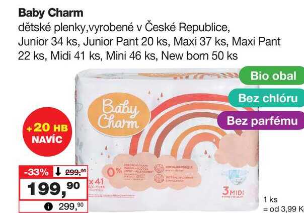 Baby Charm dětské plenky, vyrobené v České Republice, Junior 34 ks