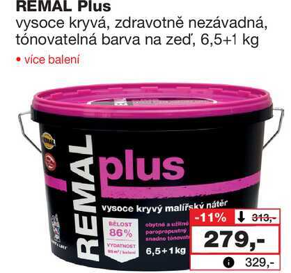 REMAL Plus vysoce kryvá, zdravotně nezávadná, tónovatelná barva na zeď, 6,5+1 kg