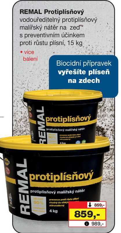 REMAL REMAL Protiplísňový vodouředitelný protiplísňový malířský nátěr na zeď** s preventivním účinkem proti růstu plísní, 15 kg 