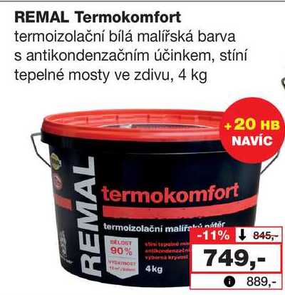 REMAL Termokomfort termoizolační bílá malířská barva s antikondenzačním účinkem, stíní tepelné mosty ve zdivu, 4 kg 