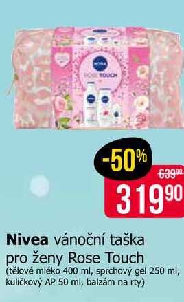 Nivea vánoční taška pro ženy Rose Touch (tělové mléko 400 ml, sprchový gel 250 ml, kuličkový AP 50 ml, balzám na rty) 