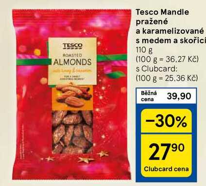 Tesco Mandle pražené a karamelizované s medem a skořici, 110 g 