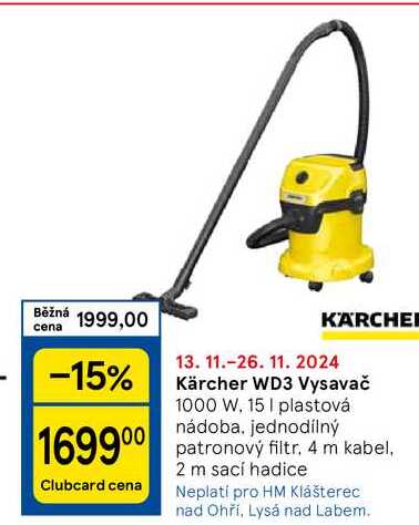 Kärcher WD3 Vysavač 1000 W. 15 I plastová nádoba, jednodílný  patronový filtr. 4 m kabel