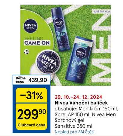 Nivea Vánoční balíček obsahuje: Men krém 150 ml. Sprej AP 150 ml, Nivea Men 