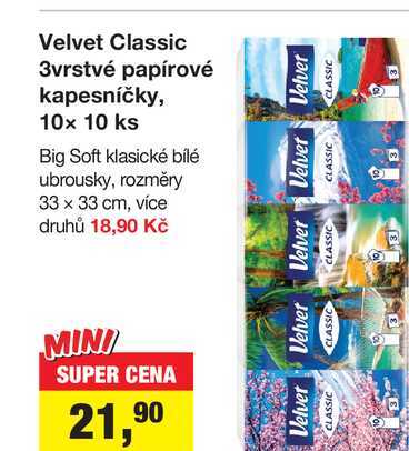 Velvet Classic 3vrstvé papírové kapesníčky, 10x 10 ks 