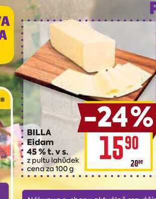 BILLA Eidam 45% t. vs. z pultu lahůdek cena za 100 g