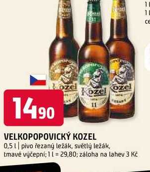 Velkopopovický kozel 0,5l, pivo řezaný ležák, světlý ležák, tmavé výčepní