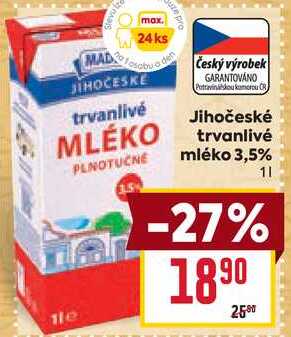 Jihočeské trvanlivé mléko 3,5% 1l