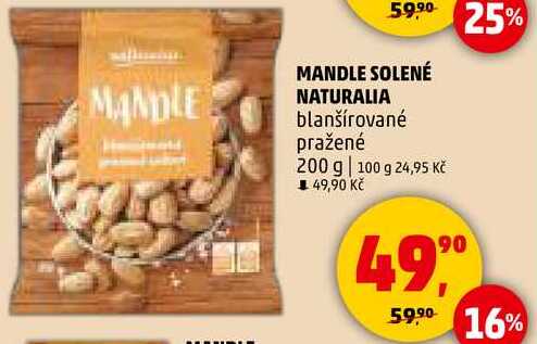 MANDLE SOLENÉ NATURALIA blanšírované pražené, 200 g 