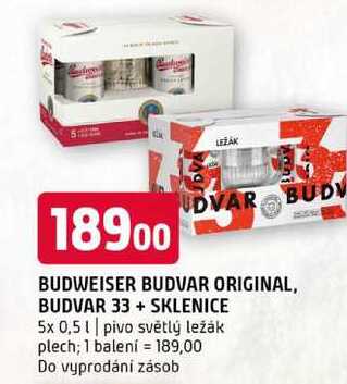 Budweiser Budvar B:Original Pivo světlý ležák + sklenice 5 x 0,5