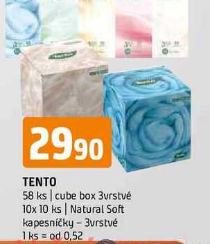 Tento 58 ks cube box 3vrstvé 10x 10 ks Natural Soft kapesníčky 3vrstvé