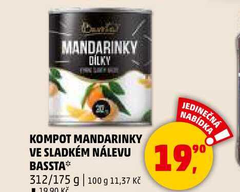 KOMPOT MANDARINKY VE SLADKÉM NÁLEVU BASSTA, 312/175 g 