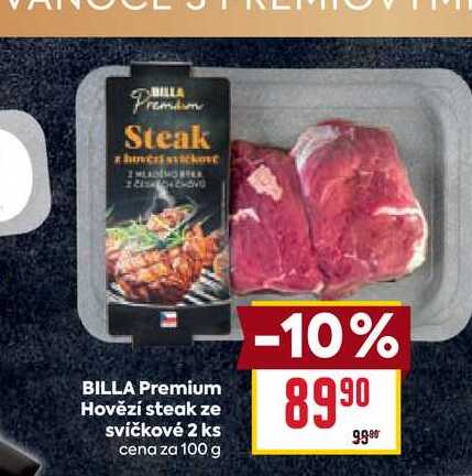 BILLA Premium Hovězí steak ze svíčkové 2 ks cena za 100g