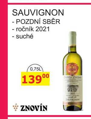 ZNOVÍN SAUVIGNON - POZDNÍ SBĚR - ročník 2021 - suché 0,75L 