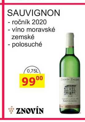 ZNOVÍN SAUVIGNON - ročník 2020 - víno moravské zemské - polosuché 0,75L 