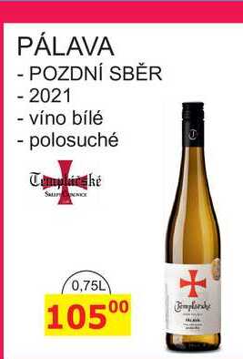 Templářské Sklepy PÁLAVA - POZDNÍ SBĚR - 2021 - víno bílé - polosuché 0,75L 