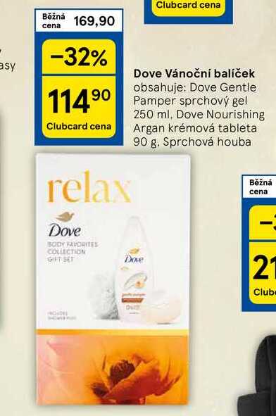 Dove Vánoční balíček obsahuje: Dove Gentle Pamper sprchový gel 250 ml. Dove Nourishing Argan krémová tableta 90 g. Sprchová houba 