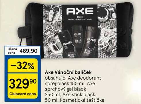 Axe Vánoční balíček obsahuje: Axe deodorant sprej black 150 ml, Axe sprchový gel black 250 ml, Axe stick black 50 ml, Kosmetická taštička 