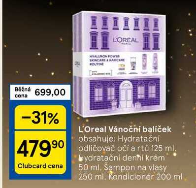 L'Oreal Vánoční balíček obsahuje: Hydratační odličovač očí a rtů 125 ml. Hydratační denní krém 50 ml. Šampon na vlasy 250 ml. Kondicionér 200 ml 