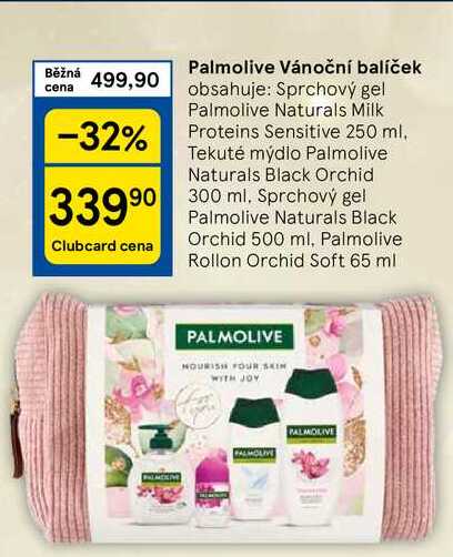 Palmolive Vánoční balíček obsahuje: Sprchový gel Palmolive Naturals Milk Proteins Sensitive 250 ml. Tekuté mýdlo Palmolive Naturals Black Orchid 300 ml, Sprchový gel Palmolive Naturals Black Orchid 500 ml, Palmolive Rollon Orchid Soft 65 ml 