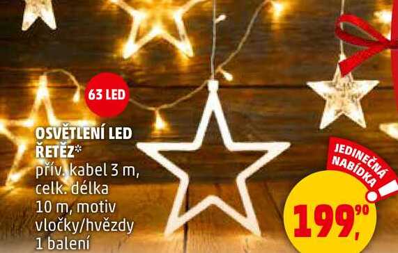 OSVĚTLENÍ LED ŘETĚZ přív. kabel 3 m, celk. délka 10 m, motiv vločky/hvězdy, 1 balení 