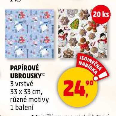 PAPÍROVÉ UBROUSKY 3 vrstvé 33 x 33 cm, různé motivy, 1 balení 