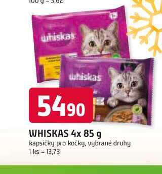 Whiskas krmivo pro dospělé kočky 4x85g, vybrané druhy 340g