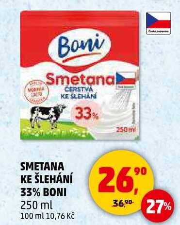 SMETANA KE ŠLEHÁNÍ 33% BONI, 250 ml