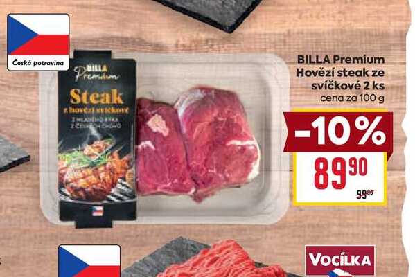 BILLA Premium Hovězí steak ze svíčkové 2 ks cena za 100 g 