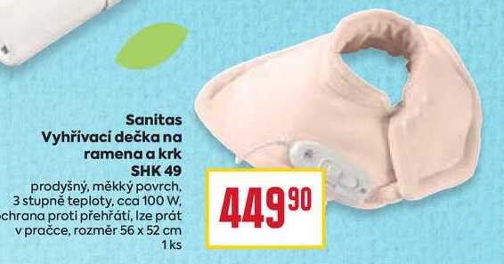 Sanitas Vyhřívací dečka na ramena a krk SHK 49 prodyšný, měkký povrch, 3 stupně teploty, cca 100 W, chrana proti přehřátí, lze prát v pračce, rozměr 56 x 52 cm 1ks
