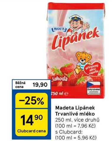 Madeta Lipánek Trvanlivé mléko, 250 ml, více druhů 