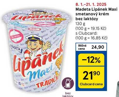 Madeta Lipánek Maxi smetanový krém bez laktózy, 130 g 