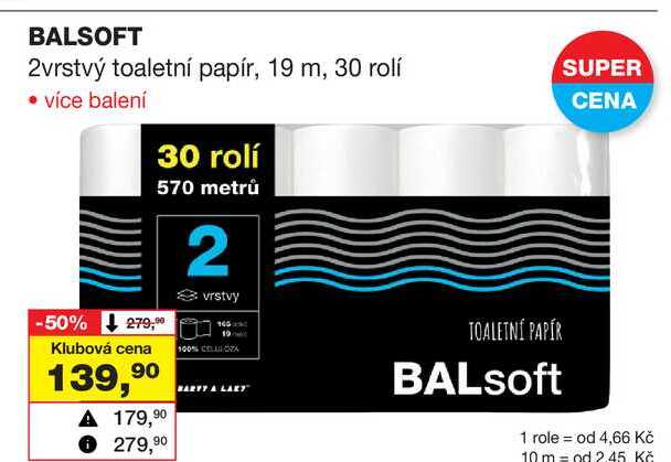 BALSOFT 2vrstvý toaletní papír, 19 m, 30 rolí 