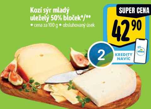 Kozí sýr mladý uleželý 50% bloček, cena za 100 g