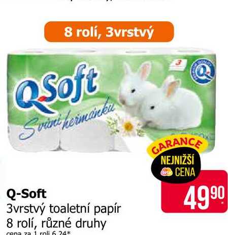 Q-Soft 3vrstvý toaletní papír 8 rolí, různé druhy 