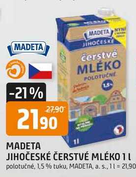 MADETA JIHOČESKÉ ČERSTVÉ MLÉKO 1l polotučné, 1,5% tuku