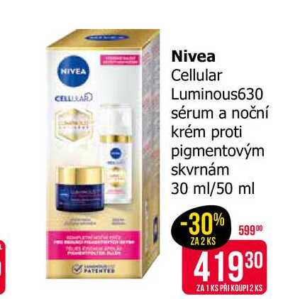 Nivea Cellular Luminous630 sérum a noční krém proti pigmentovým skvrnám 30 ml/50 ml 