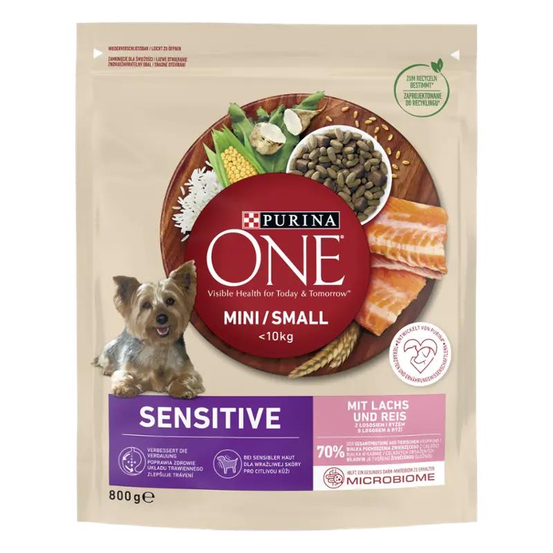 PURINA ONE Granule MINI/SMALL Sensitive s lososem a rýží, 800 g