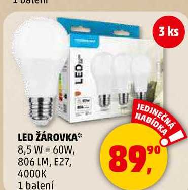 LED ŽÁROVKA, 8,5 W = 60W, 806 LM, E27, 4000K, 1 balení