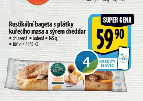 Rustikální bageta s plátky kuřecího masa a sýrem cheddar 145 g