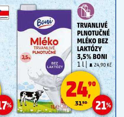 TRVANLIVÉ PLNOTUČNÉ MLÉKO BEZ LAKTÓZY BONI, 1 l
