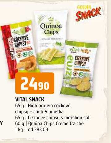 Vital snack 65 g High protein čočkové chipsy chilli & limetka 65 g Cizrnové chipsy s mořskou soli 60 g Qunioa Chips Creme fraiche 